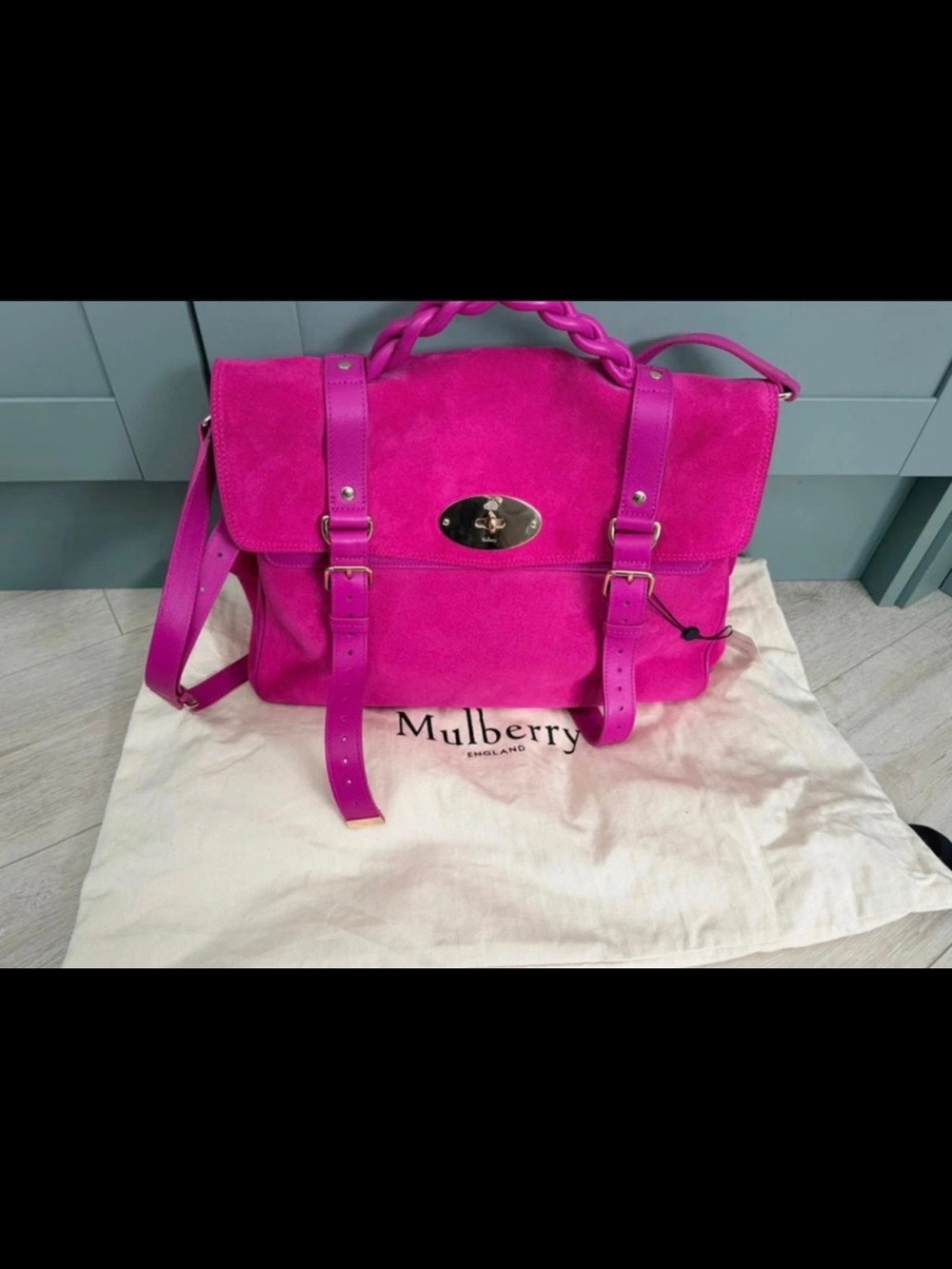 Mulberry Fuchsia Suede Satchel with Braided Top Handle
